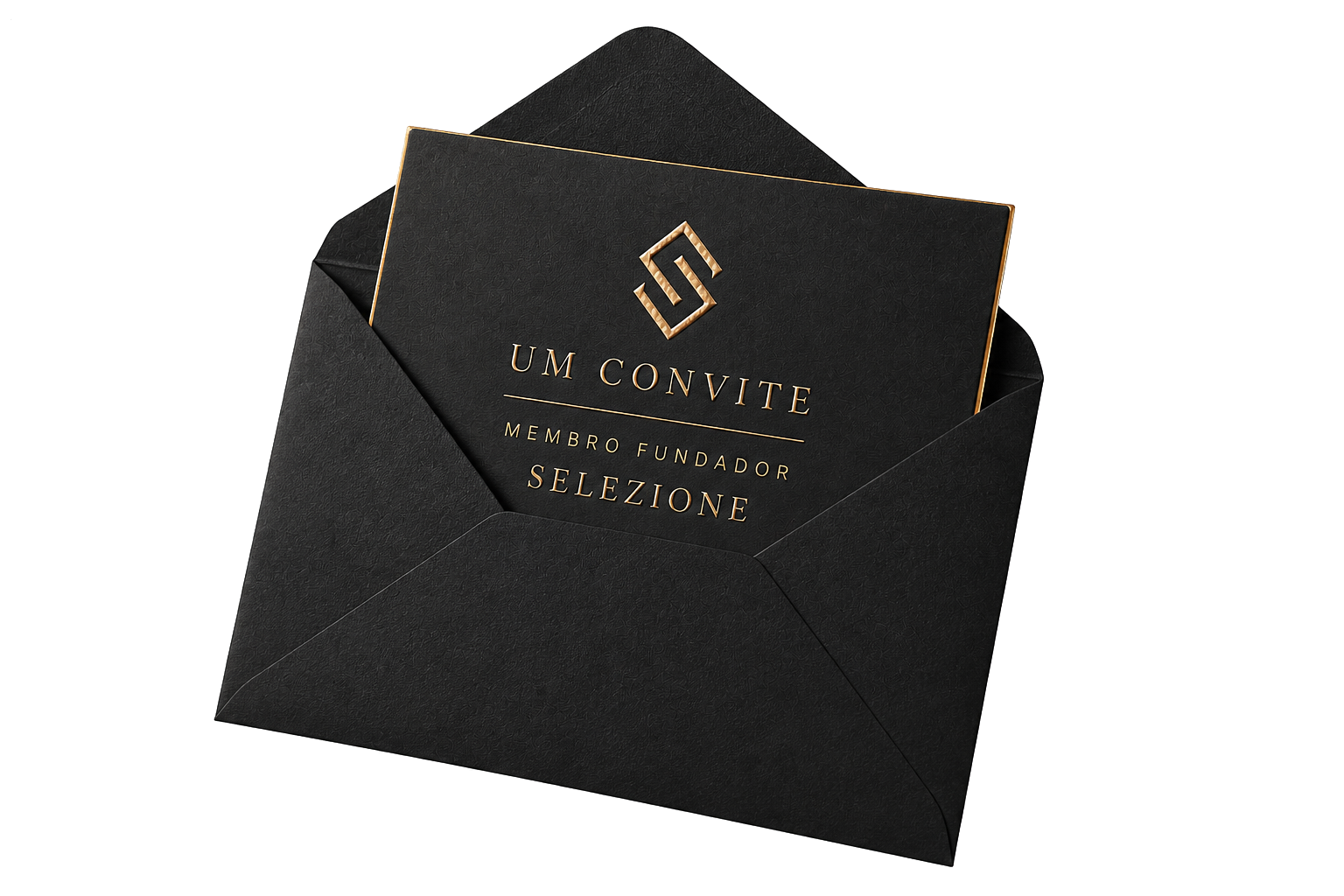 Convite Selezione Membro Fundador, cartão dourado dentro de um envelope preto aberto